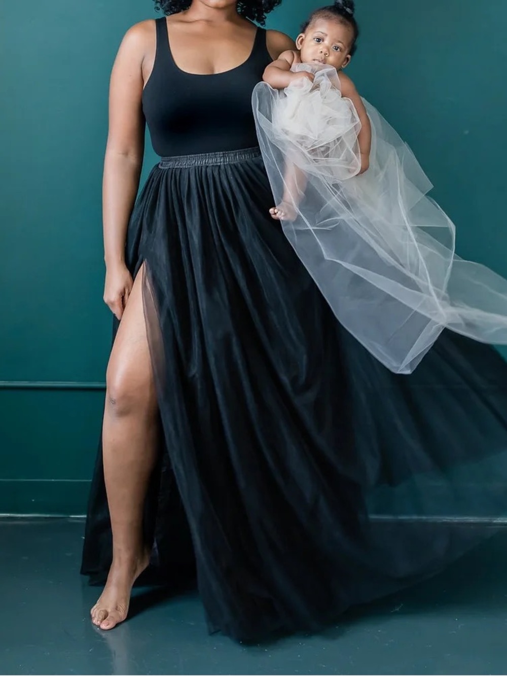 Bluish Chelsea Long Slit Soft Tulle Skirt